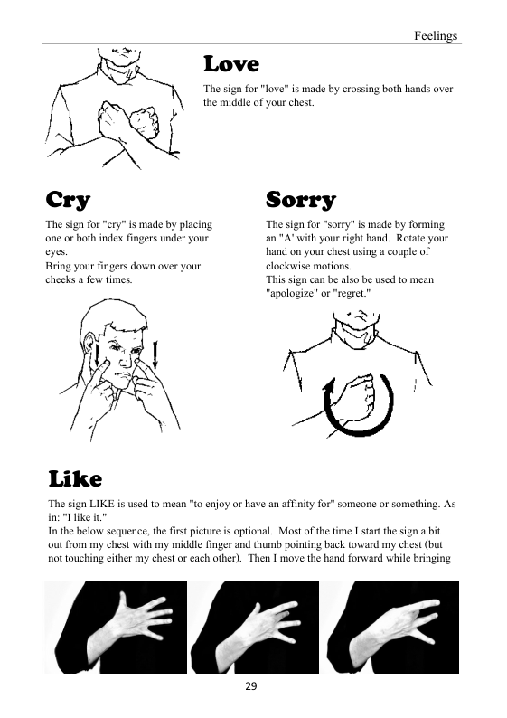 Feelings  y Love  The s the middle of your chest.  both hands aver  n for "love" is made by crossis  Sorry  The sign for "cry” is made by plac The sign for sorry” s made by forming one or both index fingers under your an A" with your right hand. Rotate your eyes. hand on your chest using a couple of Bring your fingers down over your clockwise motions.  cheeks a few times. can be also be used to mean  or "regret”  e  Like  y for” someone or something. As  2 
